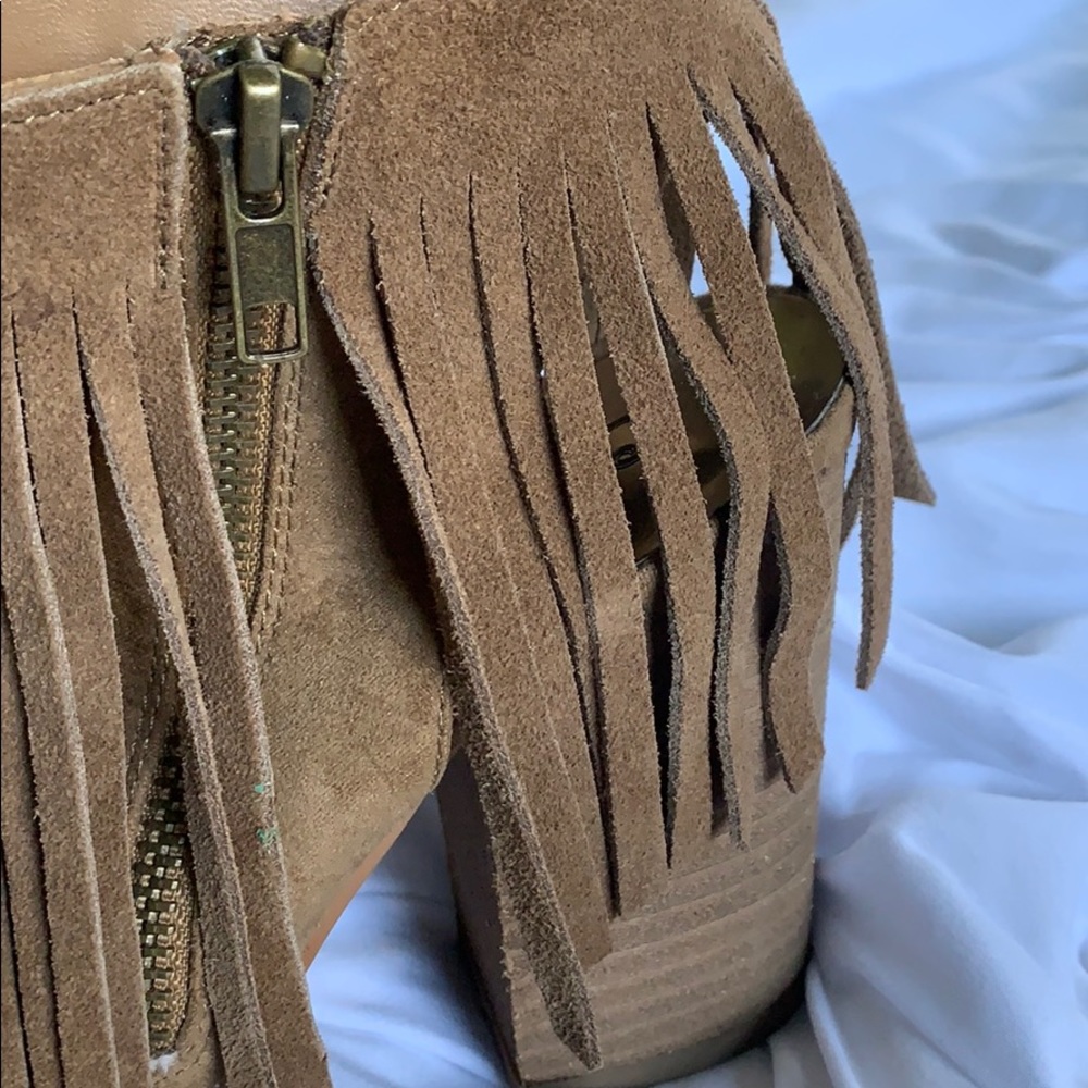 Suede Fringe Open Toe Booties - image 2